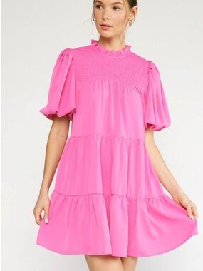 entro Hot Pink Smocked Yoke Tiered Mini Dress